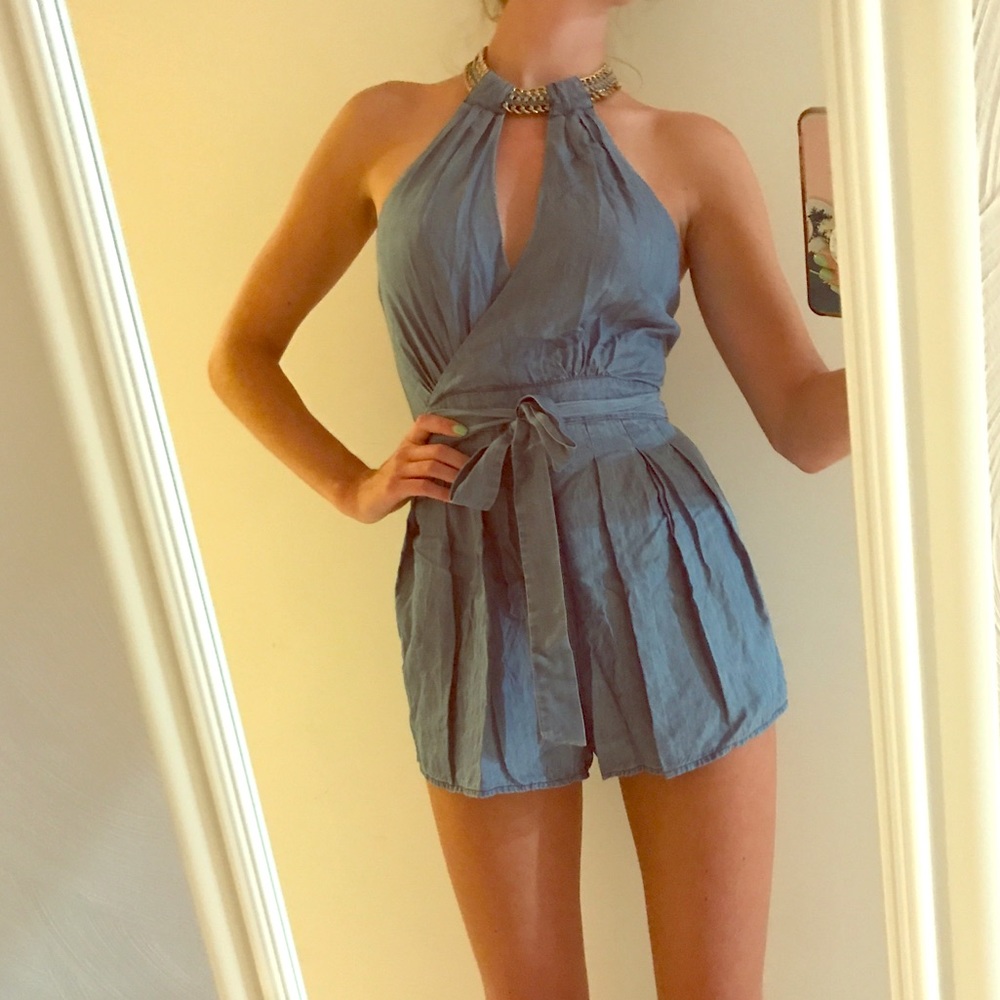 Bebe Denim Romper with Gold Chain Halter